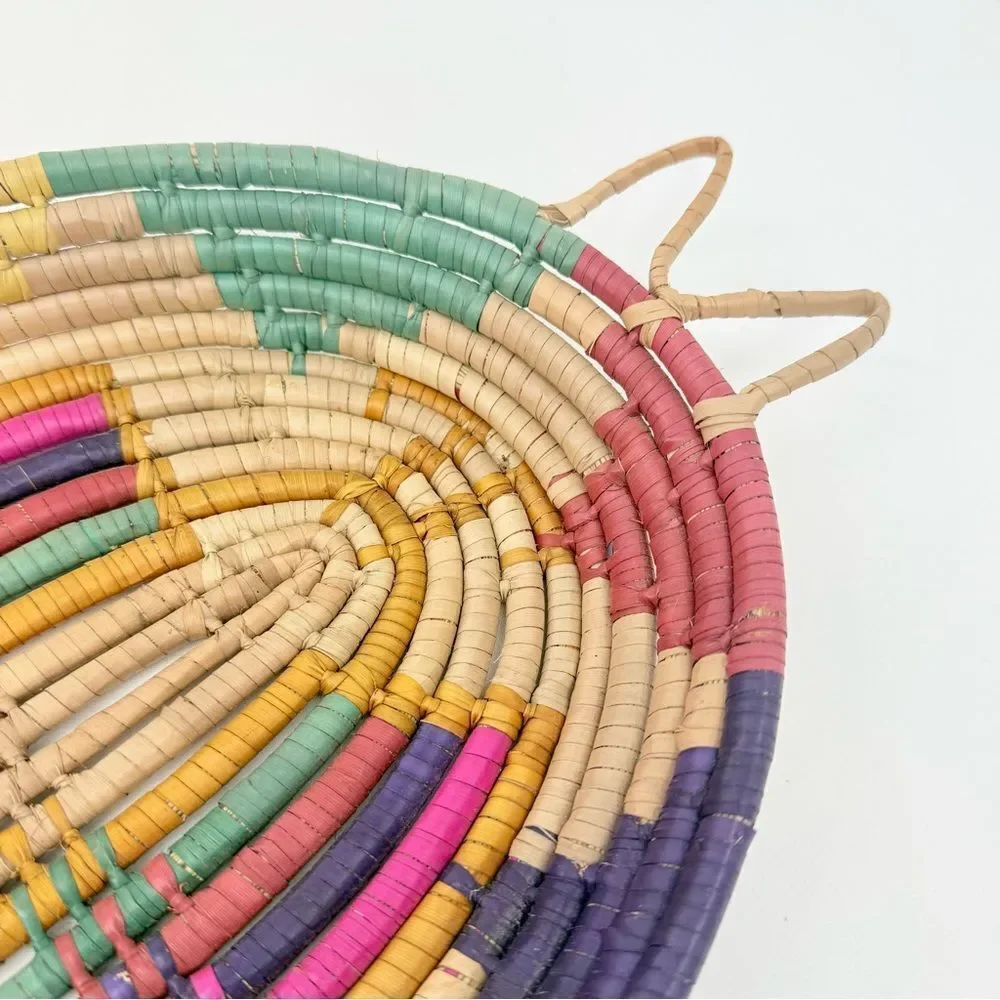 Colorful Woven Straw Oval Tray Basket Global Ethnic Tribal Southwestern